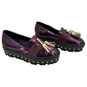 GreyMer Purple Patent Leather Gold Tassel Studded Platform Penny Loafer Sz 5